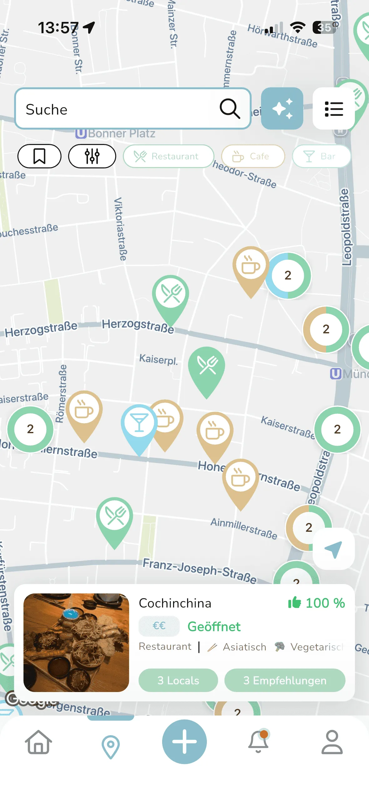 Localee Kartenansicht mit sichtbaren Orten und Markierungen